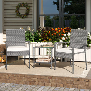 Crafted from appealing and long-lasting PE rattan<br>Comfortable to sit with ergonomic backrest and armrests<br>Soft seat cushions bring more coziness<br>Zippered cushion covers for simple maintenance<br>Side table with 2-tier design for more storage spac