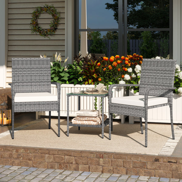 Crafted from appealing and long-lasting PE rattan<br>Comfortable to sit with ergonomic backrest and armrests<br>Soft seat cushions bring more coziness<br>Zippered cushion covers for simple maintenance<br>Side table with 2-tier design for more storage spac