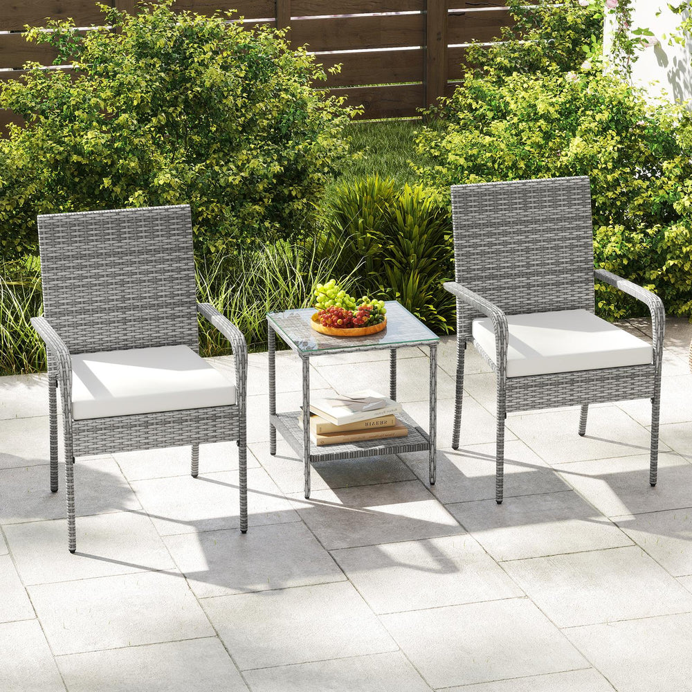 Crafted from appealing and long-lasting PE rattan<br>Comfortable to sit with ergonomic backrest and armrests<br>Soft seat cushions bring more coziness<br>Zippered cushion covers for simple maintenance<br>Side table with 2-tier design for more storage spac