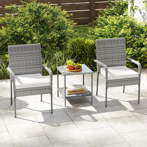 Crafted from appealing and long-lasting PE rattan<br>Comfortable to sit with ergonomic backrest and armrests<br>Soft seat cushions bring more coziness<br>Zippered cushion covers for simple maintenance<br>Side table with 2-tier design for more storage spac