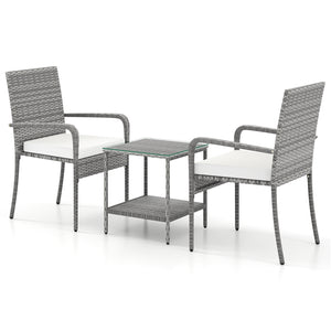 Crafted from appealing and long-lasting PE rattan<br>Comfortable to sit with ergonomic backrest and armrests<br>Soft seat cushions bring more coziness<br>Zippered cushion covers for simple maintenance<br>Side table with 2-tier design for more storage spac