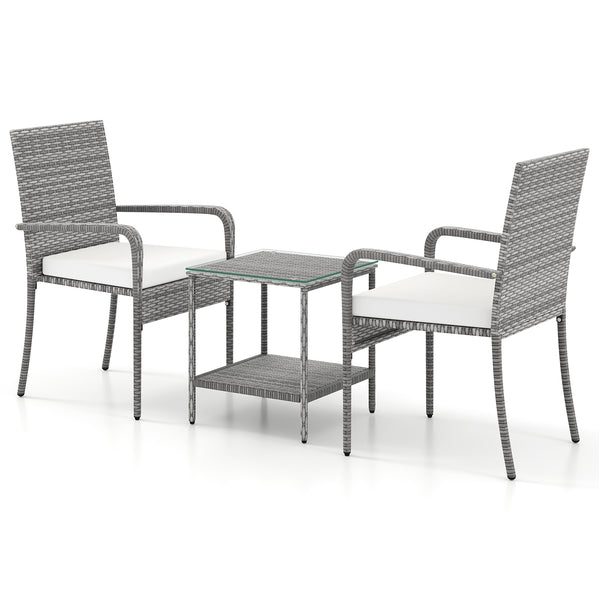 Crafted from appealing and long-lasting PE rattan<br>Comfortable to sit with ergonomic backrest and armrests<br>Soft seat cushions bring more coziness<br>Zippered cushion covers for simple maintenance<br>Side table with 2-tier design for more storage spac