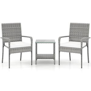 Crafted from appealing and long-lasting PE rattan<br>Comfortable to sit with ergonomic backrest and armrests<br>Soft seat cushions bring more coziness<br>Zippered cushion covers for simple maintenance<br>Side table with 2-tier design for more storage spac