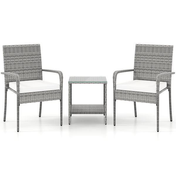 Crafted from appealing and long-lasting PE rattan<br>Comfortable to sit with ergonomic backrest and armrests<br>Soft seat cushions bring more coziness<br>Zippered cushion covers for simple maintenance<br>Side table with 2-tier design for more storage spac