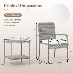 Crafted from appealing and long-lasting PE rattan<br>Comfortable to sit with ergonomic backrest and armrests<br>Soft seat cushions bring more coziness<br>Zippered cushion covers for simple maintenance<br>Side table with 2-tier design for more storage spac