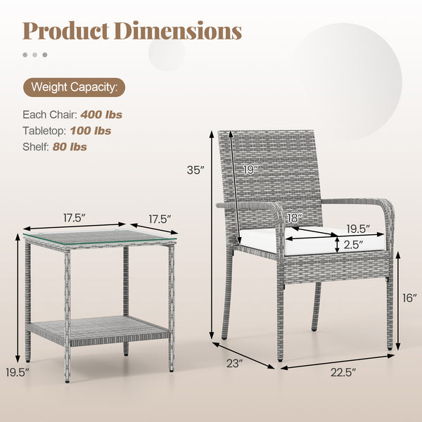 Crafted from appealing and long-lasting PE rattan<br>Comfortable to sit with ergonomic backrest and armrests<br>Soft seat cushions bring more coziness<br>Zippered cushion covers for simple maintenance<br>Side table with 2-tier design for more storage spac