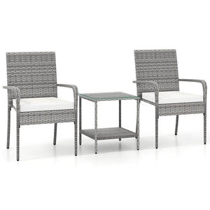 Crafted from appealing and long-lasting PE rattan<br>Comfortable to sit with ergonomic backrest and armrests<br>Soft seat cushions bring more coziness<br>Zippered cushion covers for simple maintenance<br>Side table with 2-tier design for more storage spac