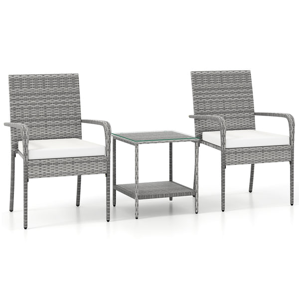 Crafted from appealing and long-lasting PE rattan<br>Comfortable to sit with ergonomic backrest and armrests<br>Soft seat cushions bring more coziness<br>Zippered cushion covers for simple maintenance<br>Side table with 2-tier design for more storage spac