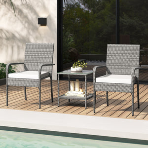 Crafted from appealing and long-lasting PE rattan<br>Comfortable to sit with ergonomic backrest and armrests<br>Soft seat cushions bring more coziness<br>Zippered cushion covers for simple maintenance<br>Side table with 2-tier design for more storage spac