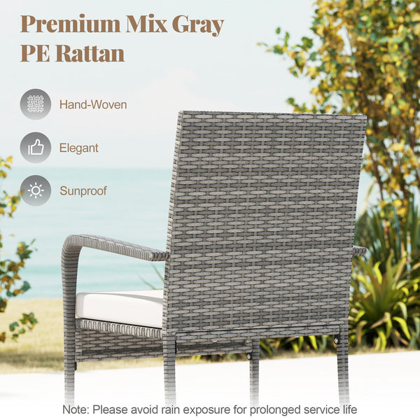 Crafted from appealing and long-lasting PE rattan<br>Comfortable to sit with ergonomic backrest and armrests<br>Soft seat cushions bring more coziness<br>Zippered cushion covers for simple maintenance<br>Side table with 2-tier design for more storage spac