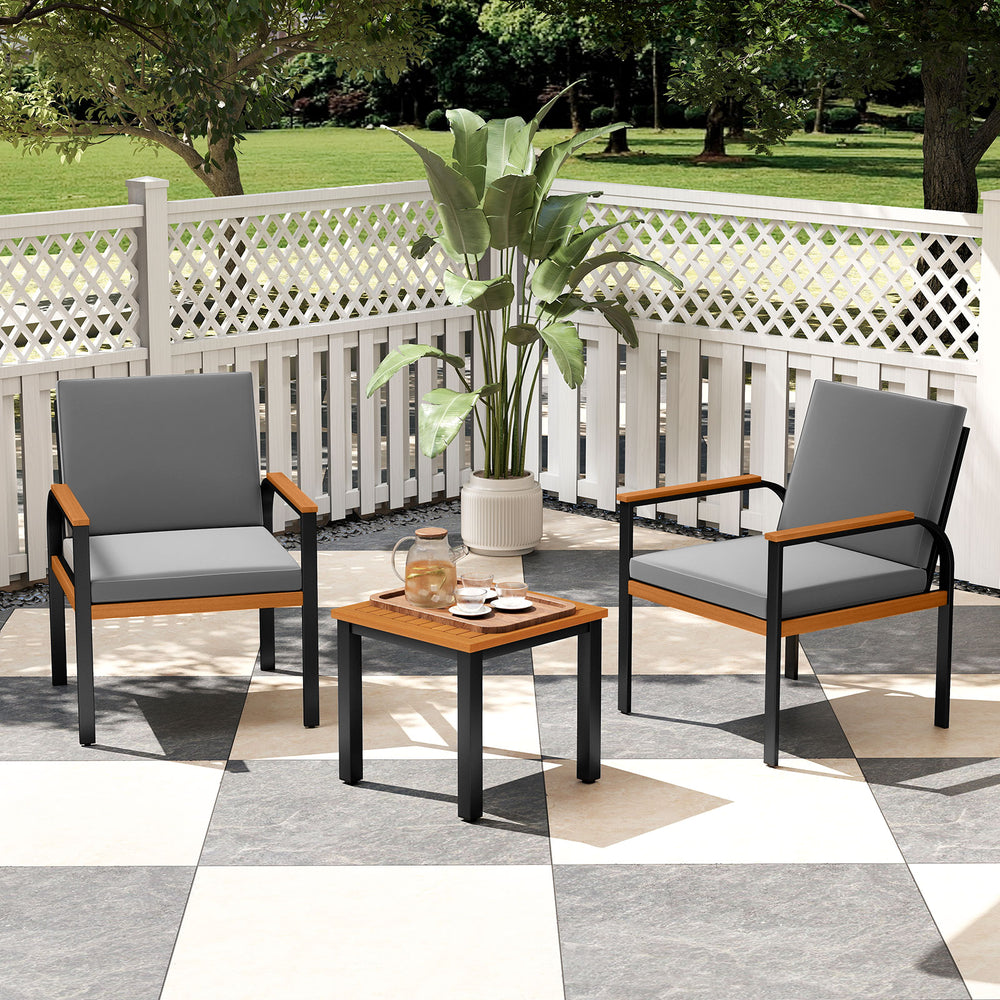 Solid acacia wood tabletop for prolonged service life<br>Slatted tabletop for ventilation and low maintenance<br>Detachable cushion covers for easy cleaning<br>Soft touch with premium fabric and high-density sponge<br>Provide ergonomic body support with i