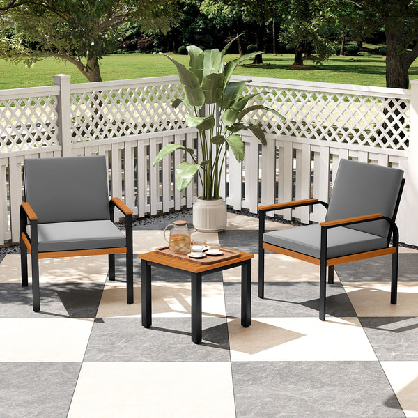 Solid acacia wood tabletop for prolonged service life<br>Slatted tabletop for ventilation and low maintenance<br>Detachable cushion covers for easy cleaning<br>Soft touch with premium fabric and high-density sponge<br>Provide ergonomic body support with i
