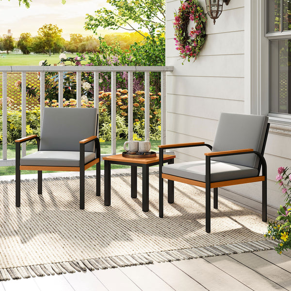 Solid acacia wood tabletop for prolonged service life<br>Slatted tabletop for ventilation and low maintenance<br>Detachable cushion covers for easy cleaning<br>Soft touch with premium fabric and high-density sponge<br>Provide ergonomic body support with i