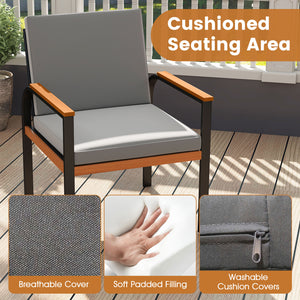 Solid acacia wood tabletop for prolonged service life<br>Slatted tabletop for ventilation and low maintenance<br>Detachable cushion covers for easy cleaning<br>Soft touch with premium fabric and high-density sponge<br>Provide ergonomic body support with i
