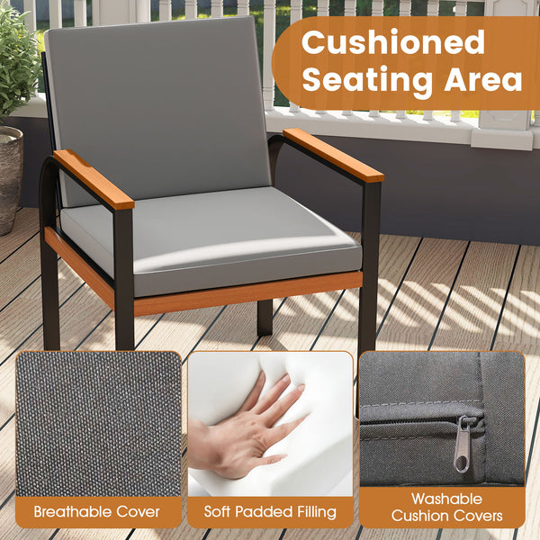 Solid acacia wood tabletop for prolonged service life<br>Slatted tabletop for ventilation and low maintenance<br>Detachable cushion covers for easy cleaning<br>Soft touch with premium fabric and high-density sponge<br>Provide ergonomic body support with i