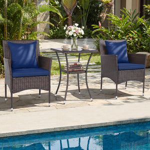 Sun-protective and fade-resistant PE rattan for outdoor durability<br>Stable metal frame for sturdy construction<br>Each chair holds up to 400 lbs and the side table supports 100 lbs<br>Reinforced circular ring and adjustable foot pads for extra stability