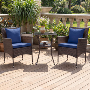 Sun-protective and fade-resistant PE rattan for outdoor durability<br>Stable metal frame for sturdy construction<br>Each chair holds up to 400 lbs and the side table supports 100 lbs<br>Reinforced circular ring and adjustable foot pads for extra stability