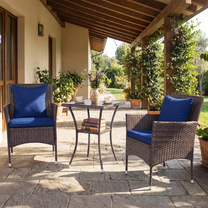 Sun-protective and fade-resistant PE rattan for outdoor durability<br>Stable metal frame for sturdy construction<br>Each chair holds up to 400 lbs and the side table supports 100 lbs<br>Reinforced circular ring and adjustable foot pads for extra stability