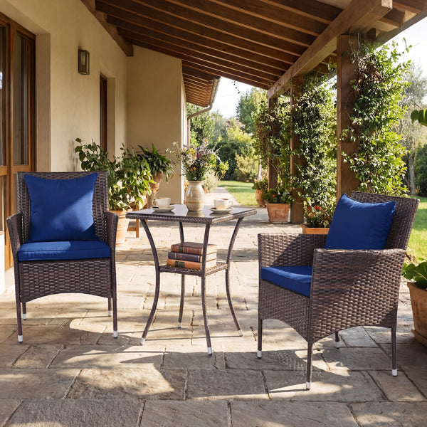 Sun-protective and fade-resistant PE rattan for outdoor durability<br>Stable metal frame for sturdy construction<br>Each chair holds up to 400 lbs and the side table supports 100 lbs<br>Reinforced circular ring and adjustable foot pads for extra stability