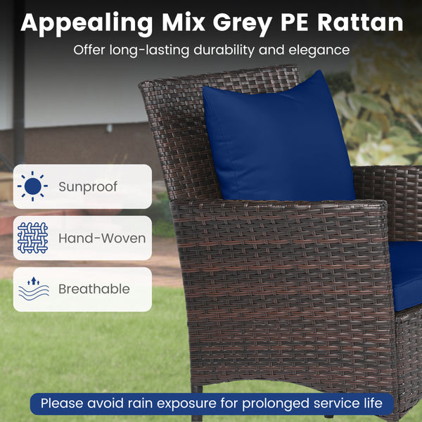 Sun-protective and fade-resistant PE rattan for outdoor durability<br>Stable metal frame for sturdy construction<br>Each chair holds up to 400 lbs and the side table supports 100 lbs<br>Reinforced circular ring and adjustable foot pads for extra stability