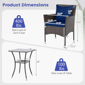Sun-protective and fade-resistant PE rattan for outdoor durability<br>Stable metal frame for sturdy construction<br>Each chair holds up to 400 lbs and the side table supports 100 lbs<br>Reinforced circular ring and adjustable foot pads for extra stability