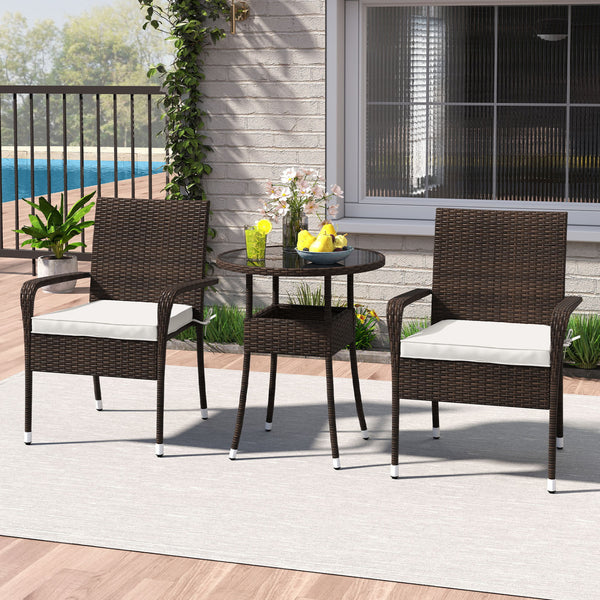 Sun-proof and anti-fading PE rattan provides long-term beauty<br>Soft cushions with resilient sponge and sturdy fixing ties for comfort<br>Convenient zippers make it easy to detach and wash cushion covers<br>Tempered glass tabletop for elegance and easy a