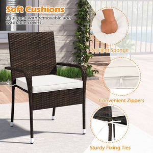 Sun-proof and anti-fading PE rattan provides long-term beauty<br>Soft cushions with resilient sponge and sturdy fixing ties for comfort<br>Convenient zippers make it easy to detach and wash cushion covers<br>Tempered glass tabletop for elegance and easy a
