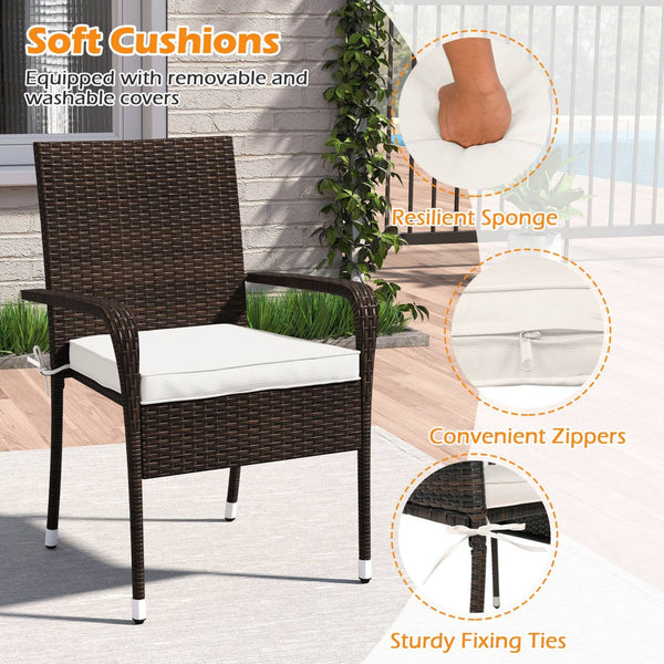 Sun-proof and anti-fading PE rattan provides long-term beauty<br>Soft cushions with resilient sponge and sturdy fixing ties for comfort<br>Convenient zippers make it easy to detach and wash cushion covers<br>Tempered glass tabletop for elegance and easy a