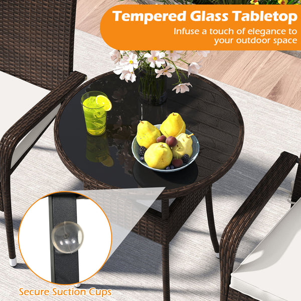 Sun-proof and anti-fading PE rattan provides long-term beauty<br>Soft cushions with resilient sponge and sturdy fixing ties for comfort<br>Convenient zippers make it easy to detach and wash cushion covers<br>Tempered glass tabletop for elegance and easy a
