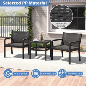 Crafted from high-quality PP  this set is waterproof and wear-resistant<br>The PP rattan texture provides a luxurious look  enhancing the aesthetic appeal<br>Chairs feature wide seats  curved backrests  and comfy armrests for ultimate comfort Each chair c