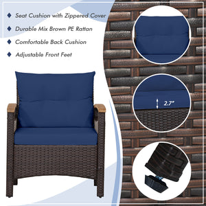Heavy-duty steel frame with rustproof finish can stand the test of time<br>Durable mix brown PE rattan is elegant and suitable for outdoor use<br>Adjustable foot pads on the front feet of the sofa for added stability<br>Comfortable to sit with cozy backre