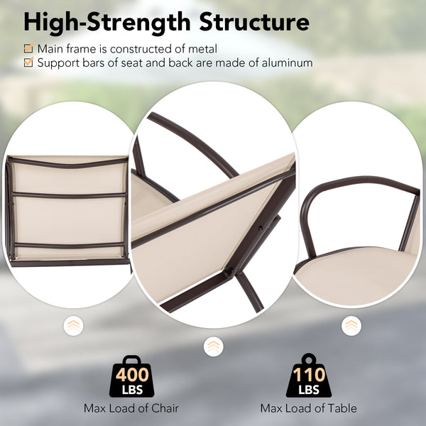 Extra-wide seat with ergonomic curve provides utmost comfort for you<br>Combination of metal and aluminum for high-level stability<br>Each seat can withstand 400 lbs<br>Seat fabric is breathable and quick-drying  perfect for outdoor use<br>Comes with an a
