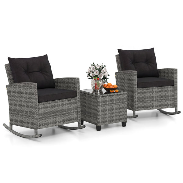 Non-slip base with stopper for sturdy rocking motion<br>Well-woven mix brown PE rattan for durability and elegant<br>Heavy-duty metal frame for strong support<br>Ergonomic backrest and curved armrests make you relaxed<br>Soft seat and back cushion offer m