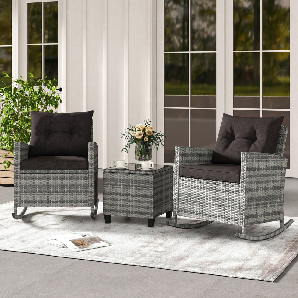 Non-slip base with stopper for sturdy rocking motion<br>Well-woven mix brown PE rattan for durability and elegant<br>Heavy-duty metal frame for strong support<br>Ergonomic backrest and curved armrests make you relaxed<br>Soft seat and back cushion offer m