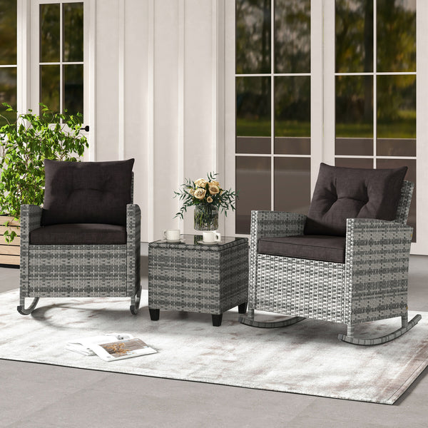 Non-slip base with stopper for sturdy rocking motion<br>Well-woven mix brown PE rattan for durability and elegant<br>Heavy-duty metal frame for strong support<br>Ergonomic backrest and curved armrests make you relaxed<br>Soft seat and back cushion offer m