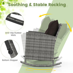 Non-slip base with stopper for sturdy rocking motion<br>Well-woven mix brown PE rattan for durability and elegant<br>Heavy-duty metal frame for strong support<br>Ergonomic backrest and curved armrests make you relaxed<br>Soft seat and back cushion offer m