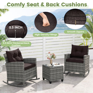 Non-slip base with stopper for sturdy rocking motion<br>Well-woven mix brown PE rattan for durability and elegant<br>Heavy-duty metal frame for strong support<br>Ergonomic backrest and curved armrests make you relaxed<br>Soft seat and back cushion offer m