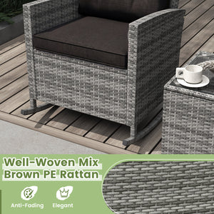 Non-slip base with stopper for sturdy rocking motion<br>Well-woven mix brown PE rattan for durability and elegant<br>Heavy-duty metal frame for strong support<br>Ergonomic backrest and curved armrests make you relaxed<br>Soft seat and back cushion offer m