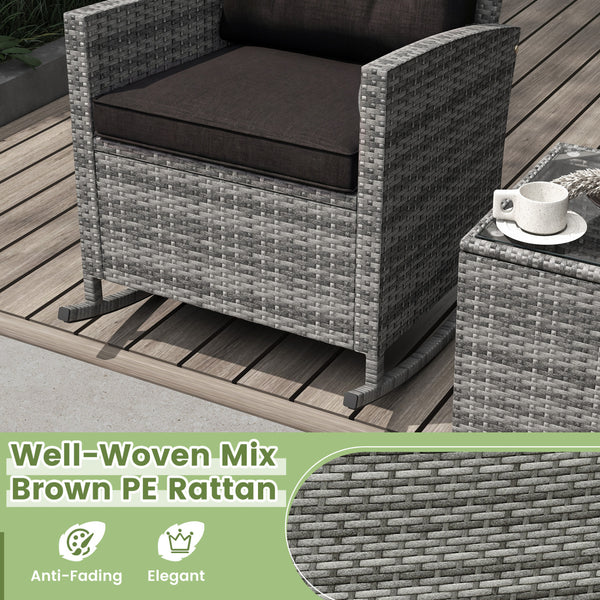 Non-slip base with stopper for sturdy rocking motion<br>Well-woven mix brown PE rattan for durability and elegant<br>Heavy-duty metal frame for strong support<br>Ergonomic backrest and curved armrests make you relaxed<br>Soft seat and back cushion offer m