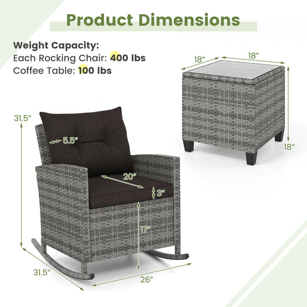 Non-slip base with stopper for sturdy rocking motion<br>Well-woven mix brown PE rattan for durability and elegant<br>Heavy-duty metal frame for strong support<br>Ergonomic backrest and curved armrests make you relaxed<br>Soft seat and back cushion offer m