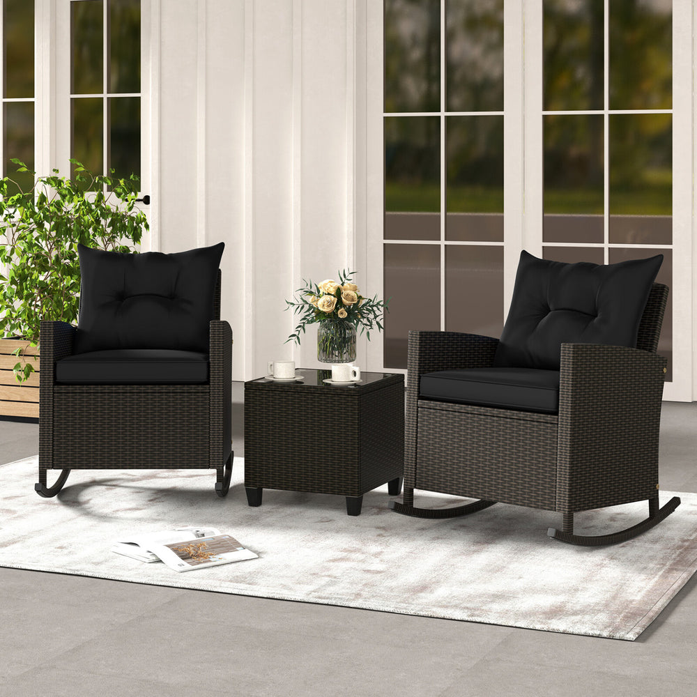 Non-slip base with stopper for sturdy rocking motion<br>Well-woven mix brown PE rattan for durability and elegant<br>Heavy-duty metal frame for strong support<br>Ergonomic backrest and curved armrests make you relaxed<br>Soft seat and back cushion offer m