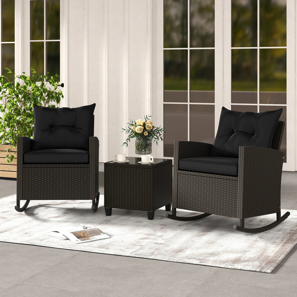 Non-slip base with stopper for sturdy rocking motion<br>Well-woven mix brown PE rattan for durability and elegant<br>Heavy-duty metal frame for strong support<br>Ergonomic backrest and curved armrests make you relaxed<br>Soft seat and back cushion offer m