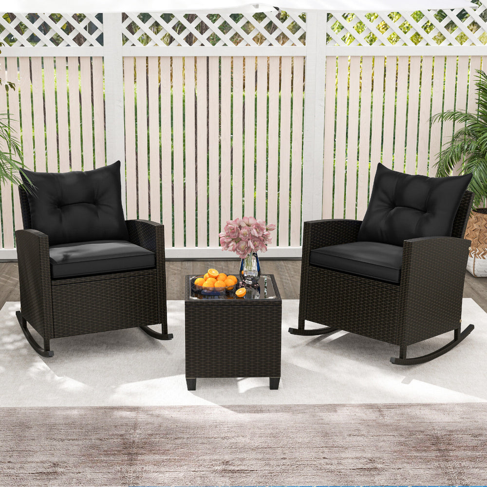 Non-slip base with stopper for sturdy rocking motion<br>Well-woven mix brown PE rattan for durability and elegant<br>Heavy-duty metal frame for strong support<br>Ergonomic backrest and curved armrests make you relaxed<br>Soft seat and back cushion offer m