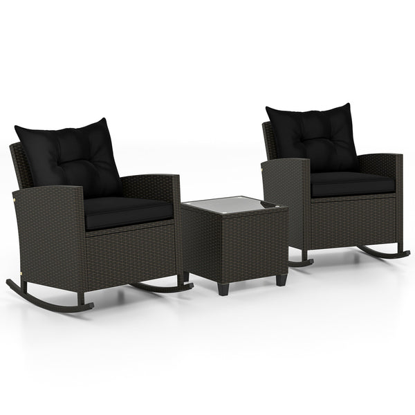 Non-slip base with stopper for sturdy rocking motion<br>Well-woven mix brown PE rattan for durability and elegant<br>Heavy-duty metal frame for strong support<br>Ergonomic backrest and curved armrests make you relaxed<br>Soft seat and back cushion offer m