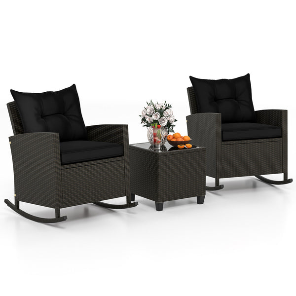 Non-slip base with stopper for sturdy rocking motion<br>Well-woven mix brown PE rattan for durability and elegant<br>Heavy-duty metal frame for strong support<br>Ergonomic backrest and curved armrests make you relaxed<br>Soft seat and back cushion offer m
