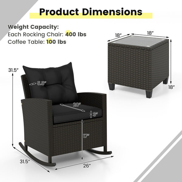 Non-slip base with stopper for sturdy rocking motion<br>Well-woven mix brown PE rattan for durability and elegant<br>Heavy-duty metal frame for strong support<br>Ergonomic backrest and curved armrests make you relaxed<br>Soft seat and back cushion offer m