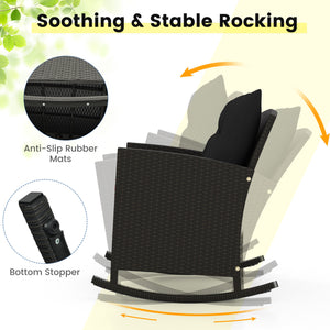 Non-slip base with stopper for sturdy rocking motion<br>Well-woven mix brown PE rattan for durability and elegant<br>Heavy-duty metal frame for strong support<br>Ergonomic backrest and curved armrests make you relaxed<br>Soft seat and back cushion offer m