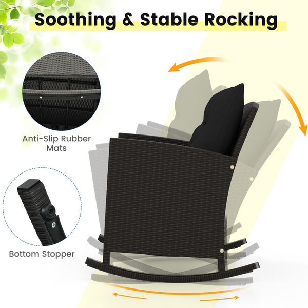 Non-slip base with stopper for sturdy rocking motion<br>Well-woven mix brown PE rattan for durability and elegant<br>Heavy-duty metal frame for strong support<br>Ergonomic backrest and curved armrests make you relaxed<br>Soft seat and back cushion offer m