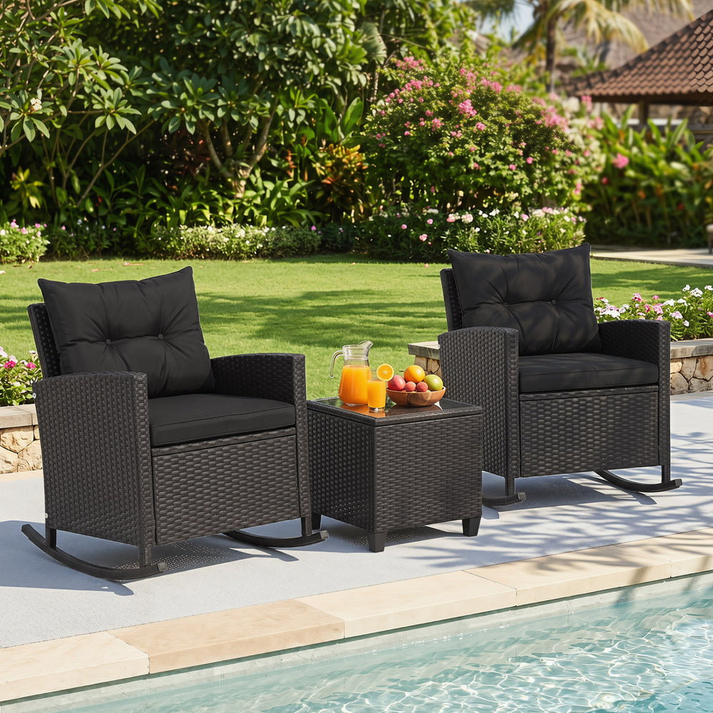 Non-slip base with stopper for sturdy rocking motion<br>Well-woven mix brown PE rattan for durability and elegant<br>Heavy-duty metal frame for strong support<br>Ergonomic backrest and curved armrests make you relaxed<br>Soft seat and back cushion offer m