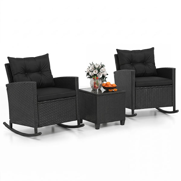 Non-slip base with stopper for sturdy rocking motion<br>Well-woven mix brown PE rattan for durability and elegant<br>Heavy-duty metal frame for strong support<br>Ergonomic backrest and curved armrests make you relaxed<br>Soft seat and back cushion offer m